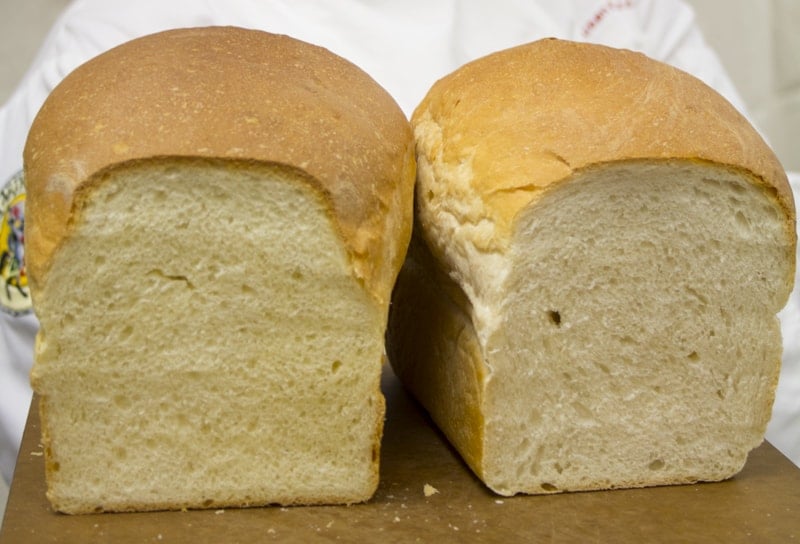 Two loaves of bread made with the same recipe. Left:made with King Arthur Flour unbleached All-purpose, Right: made with store-brand bleached all-purpose.