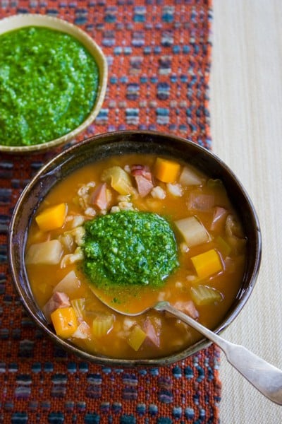 slow cooker barley soup with spinach pistou