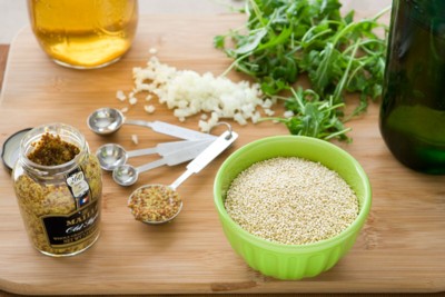 ingredients for warm quinoa and arugula salad