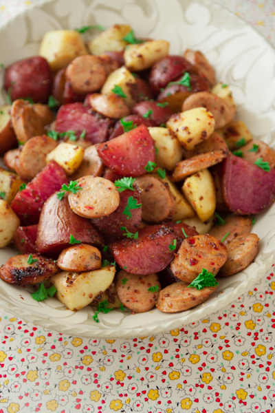 roasted potatoes with apples, sausage and maple mustard glaze