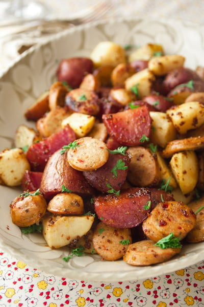 roasted potatoes with apples, sausage and maple mustard glaze