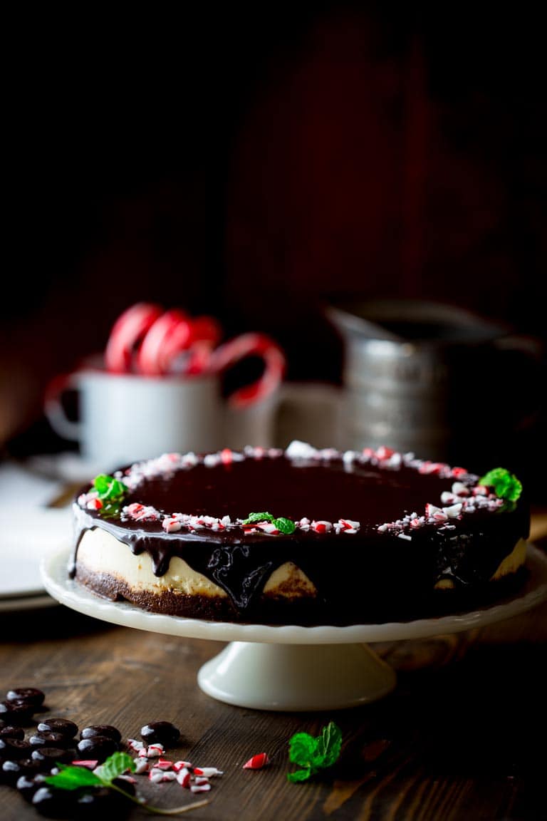 Healthy Peppermint Cheesecake on a cake stand