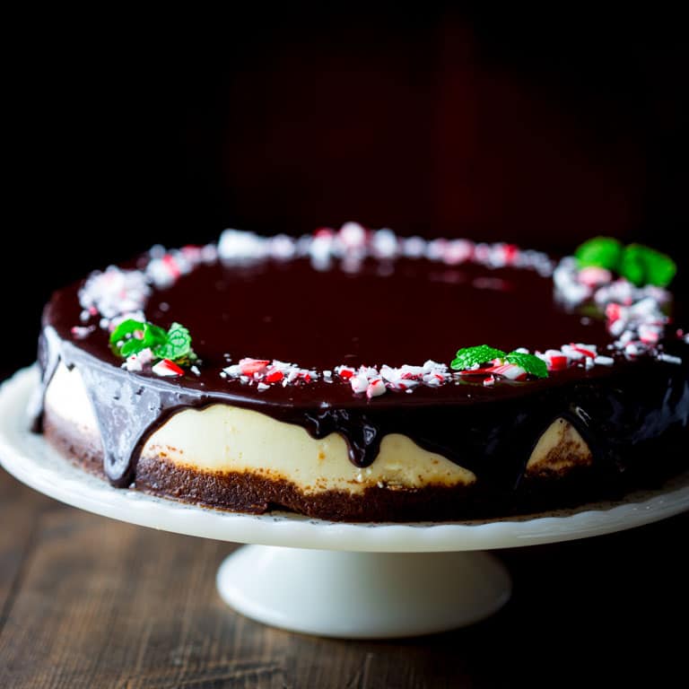 peppermint pattie cheesecake with crushed candy canes on it