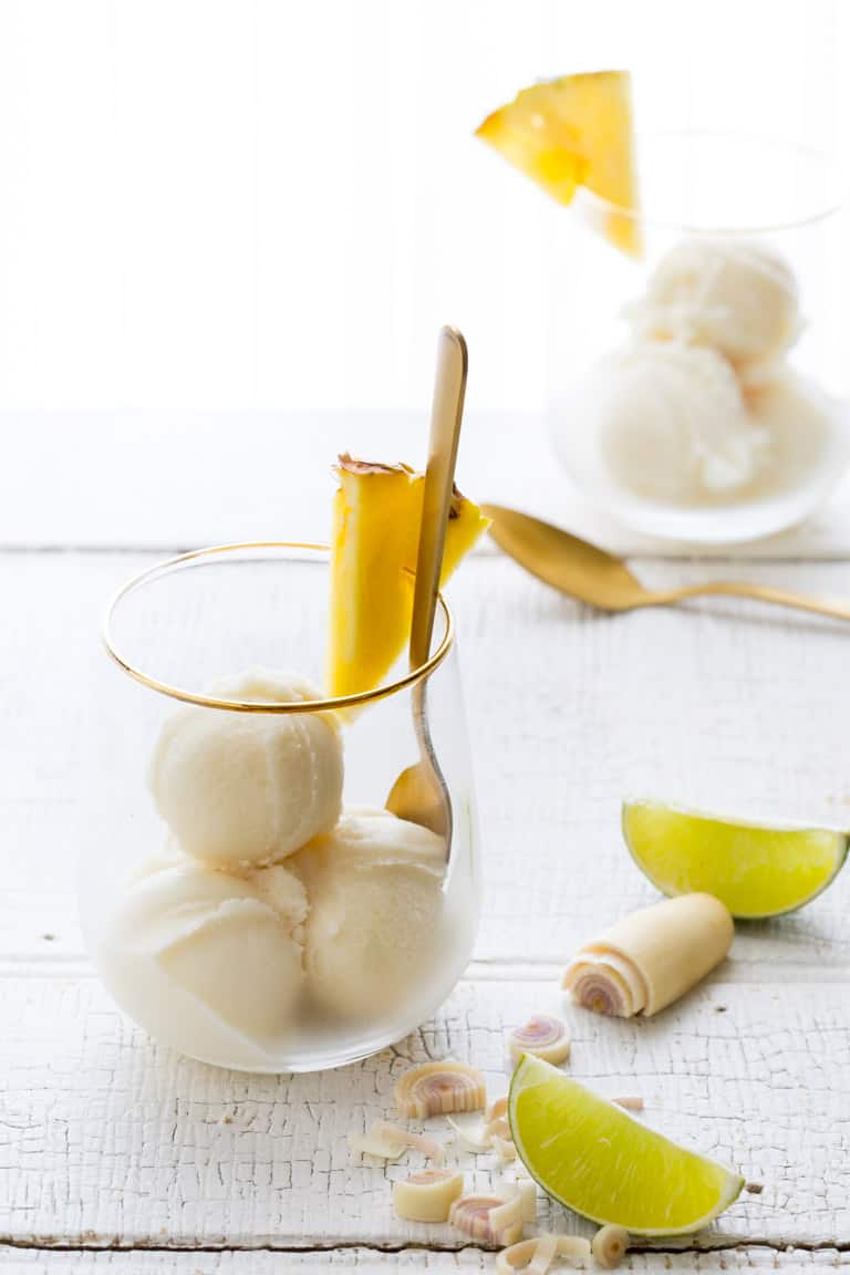 Just in time to help you survive this summer’s heatwave meet my refreshingly delicious Pineapple Coconut Sorbet. Super bonus that it is gluten free and vegan!!  