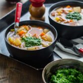 This Slow Cooker Ham Barley Soup with Spinach Pesto is the perfect weeknight vegetable packed delicious dinner. |Healthy Seasonal Recipes | Katie Webster #slowcooker #soup #weeknightdinner #pesto