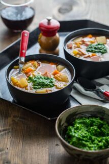 This Slow Cooker Ham Barley Soup with Spinach Pesto is the perfect weeknight vegetable packed delicious dinner. |Healthy Seasonal Recipes | Katie Webster #slowcooker #soup #weeknightdinner #pesto