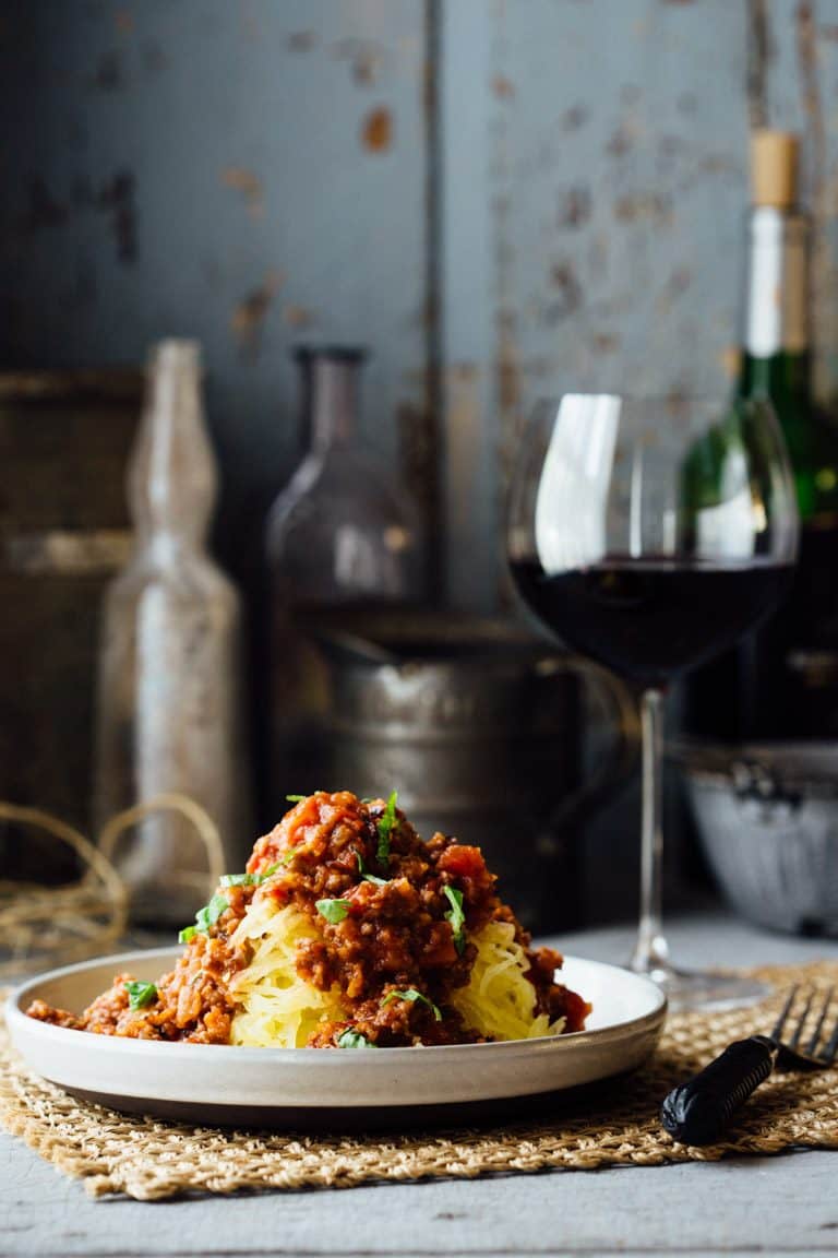 Spaghetti squash topped with turkey ragu