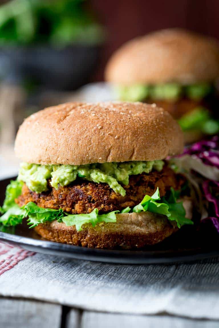 Southwest Bean Burgers with guacamole and lettuce