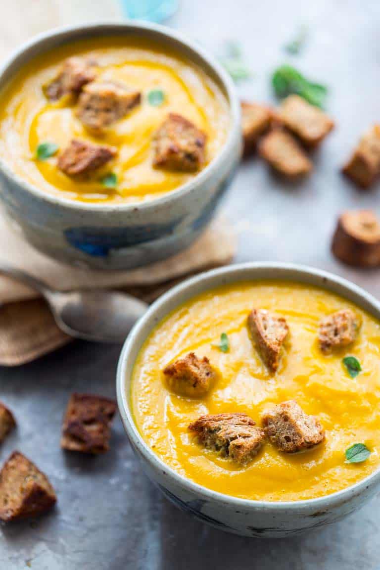 Carrot Ginger Soup with Oregano Croutons | Winter | Vegetarian | Vegan | Dairy Free | Healthy Seasonal Recipes | Katie Webster
