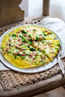 This Frittata with Ham and Asparagus is the perfect Spring meal! Ready in just 20 minutes, only 297 calories per serving, chocked full of 23 grams of protein and super kid friendly. AND you can eat it for breakfast, lunch or dinner. Healthy Seasonal Recipes and Katie Webster