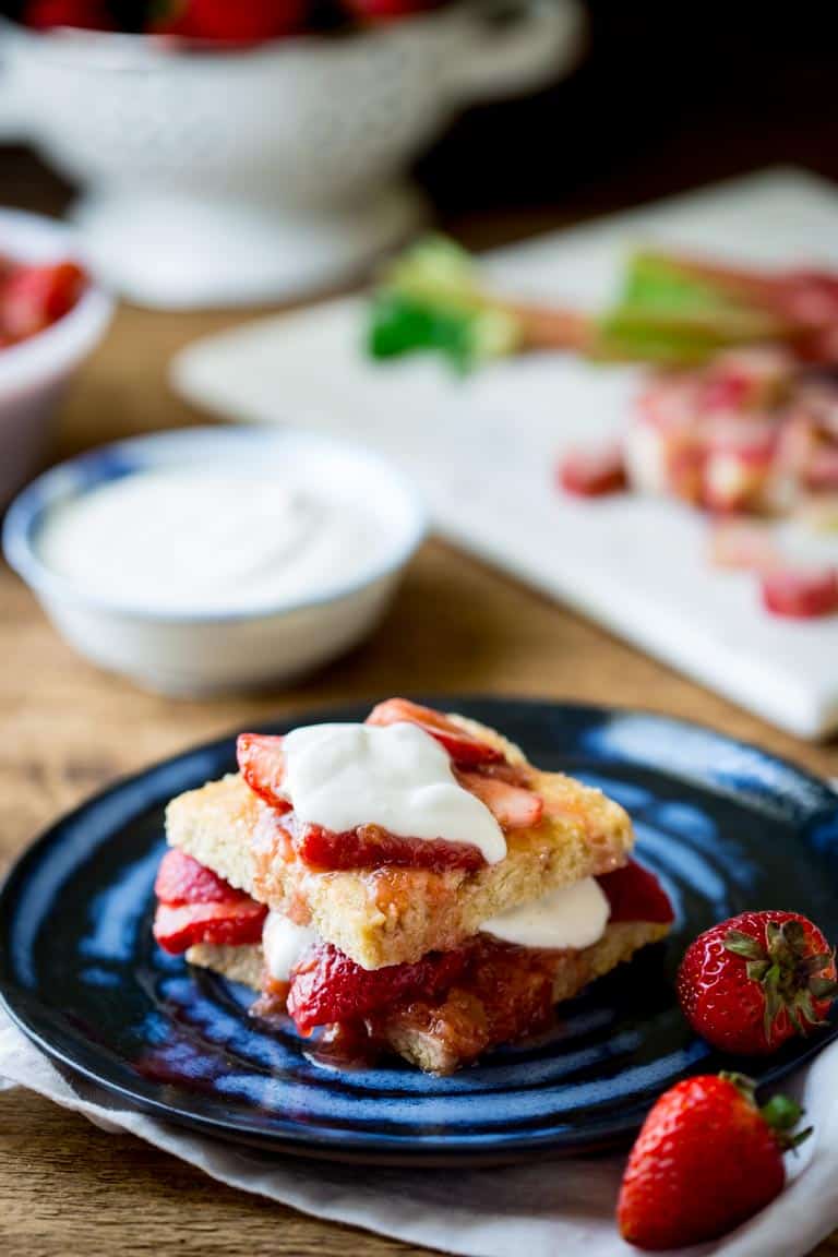 These Strawberry Rhubarb Shortcakes are a make-ahead healthier twist on the classic recipe. The perfect summer dessert showcasing the magical combination of strawberries and rhubarb! | Healthy Seasonal Recipes | Katie Webster