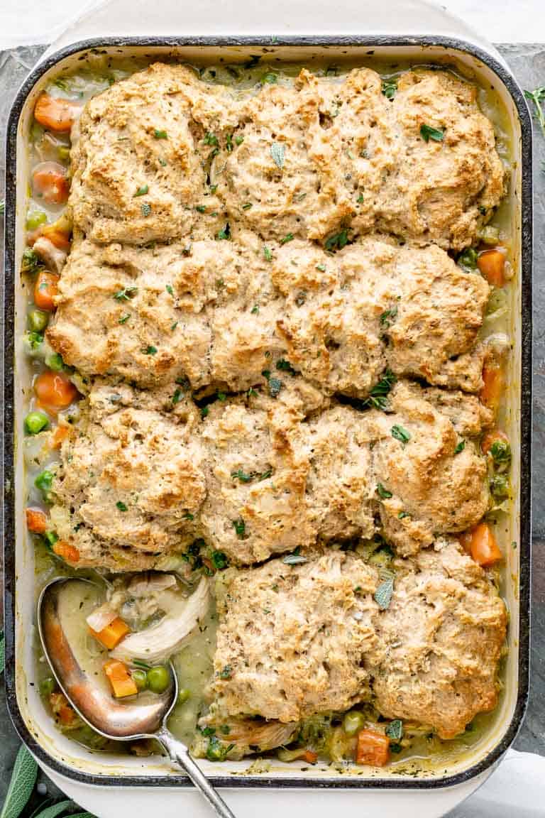 close up of chicken and biscuits casserole
