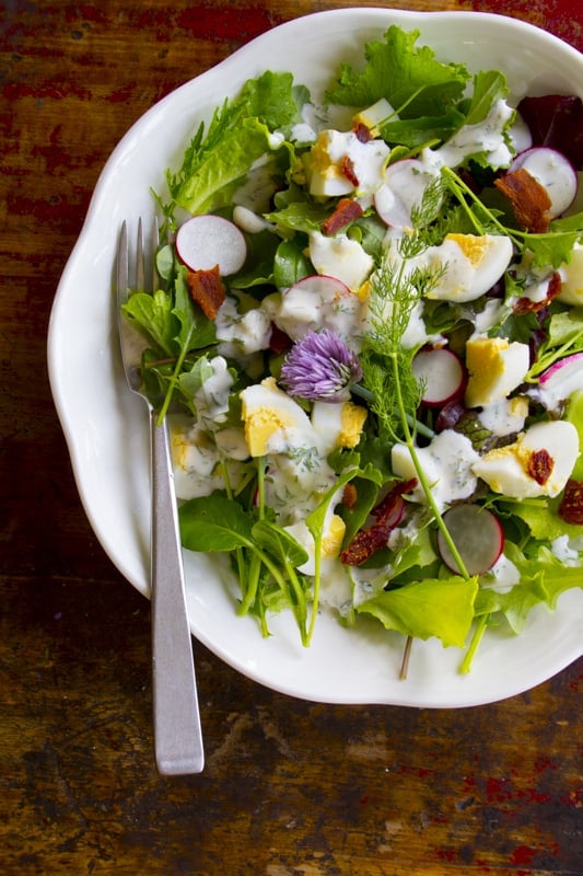 Spring Salad with Bacon Egg Radishes and Yogurt Dill Dressing
