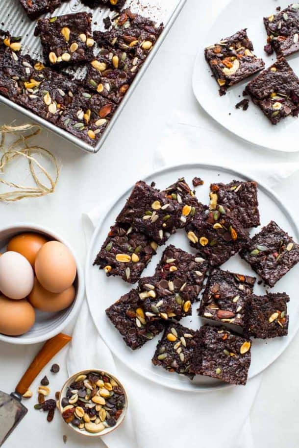 fudgy greek yogurt trail mix brownies