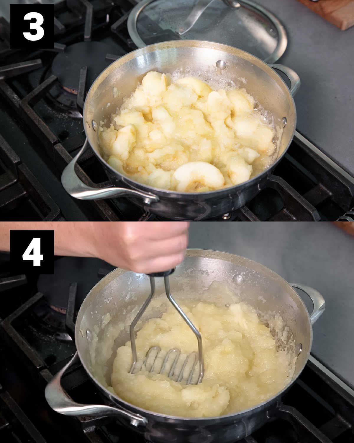 simmering the apples and mashing the sauce with a potato masher