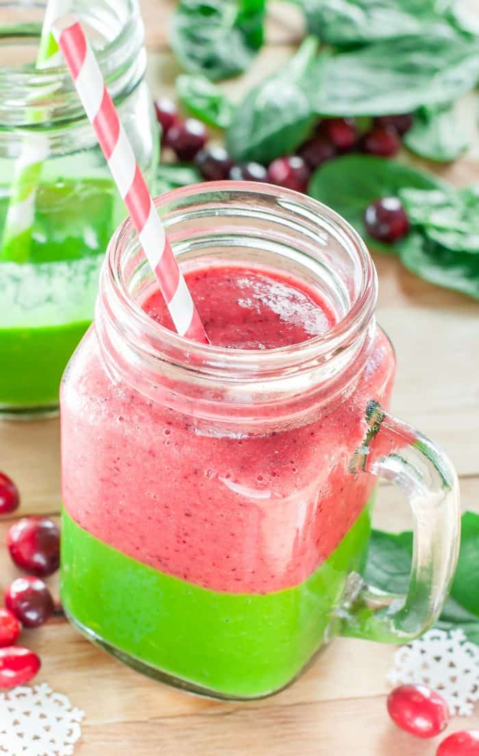 red and green smoothie in a glass mug