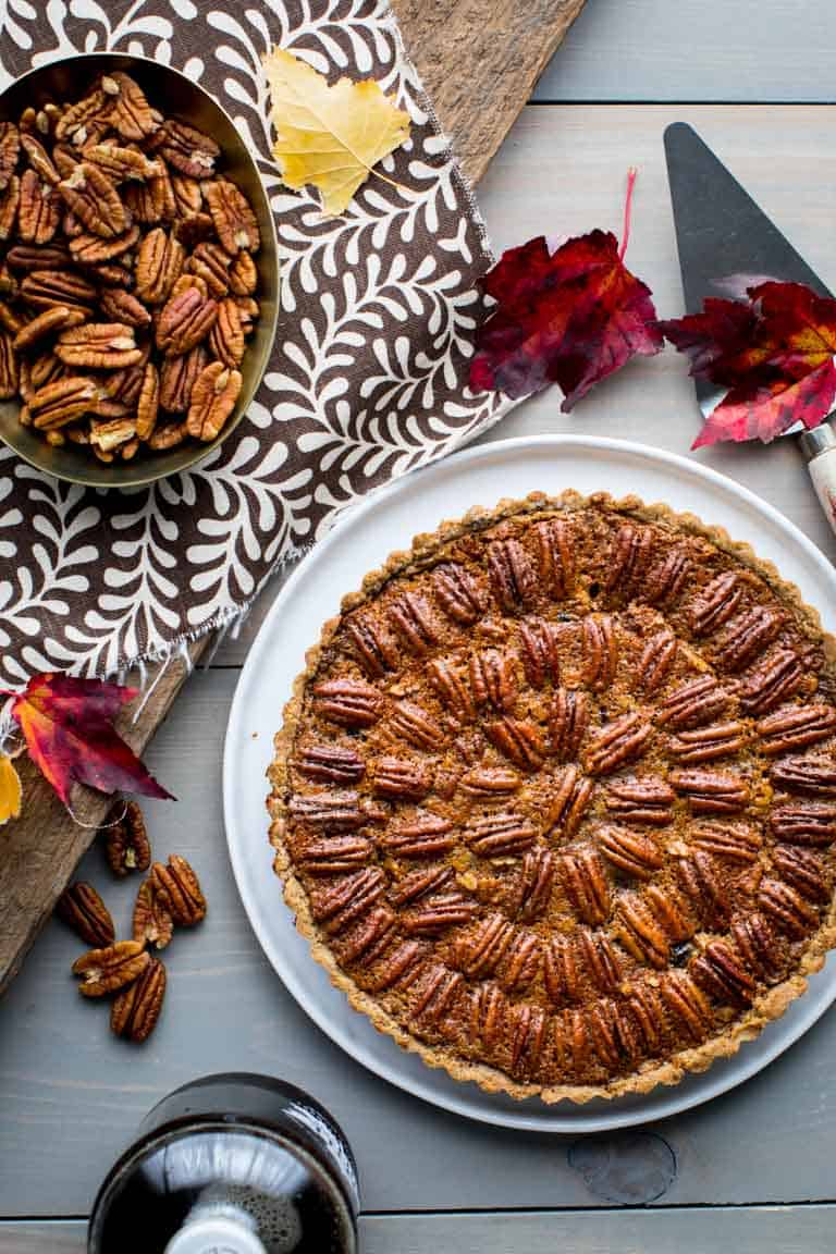 This Pecan and Dried Cherry Tart with Maple is a healthy twist on pecan pie for Thanksgiving and the winter holidays. | Healthy Seasonal Recipes | Katie Webster #tart #thanksgiving #holiday #maple