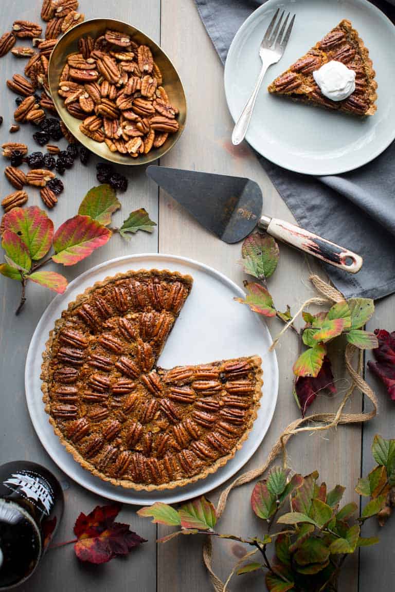 This Pecan and Dried Cherry Tart with Maple is a healthy twist on pecan pie for Thanksgiving and the winter holidays. | Healthy Seasonal Recipes | Katie Webster #tart #thanksgiving #holiday #maple