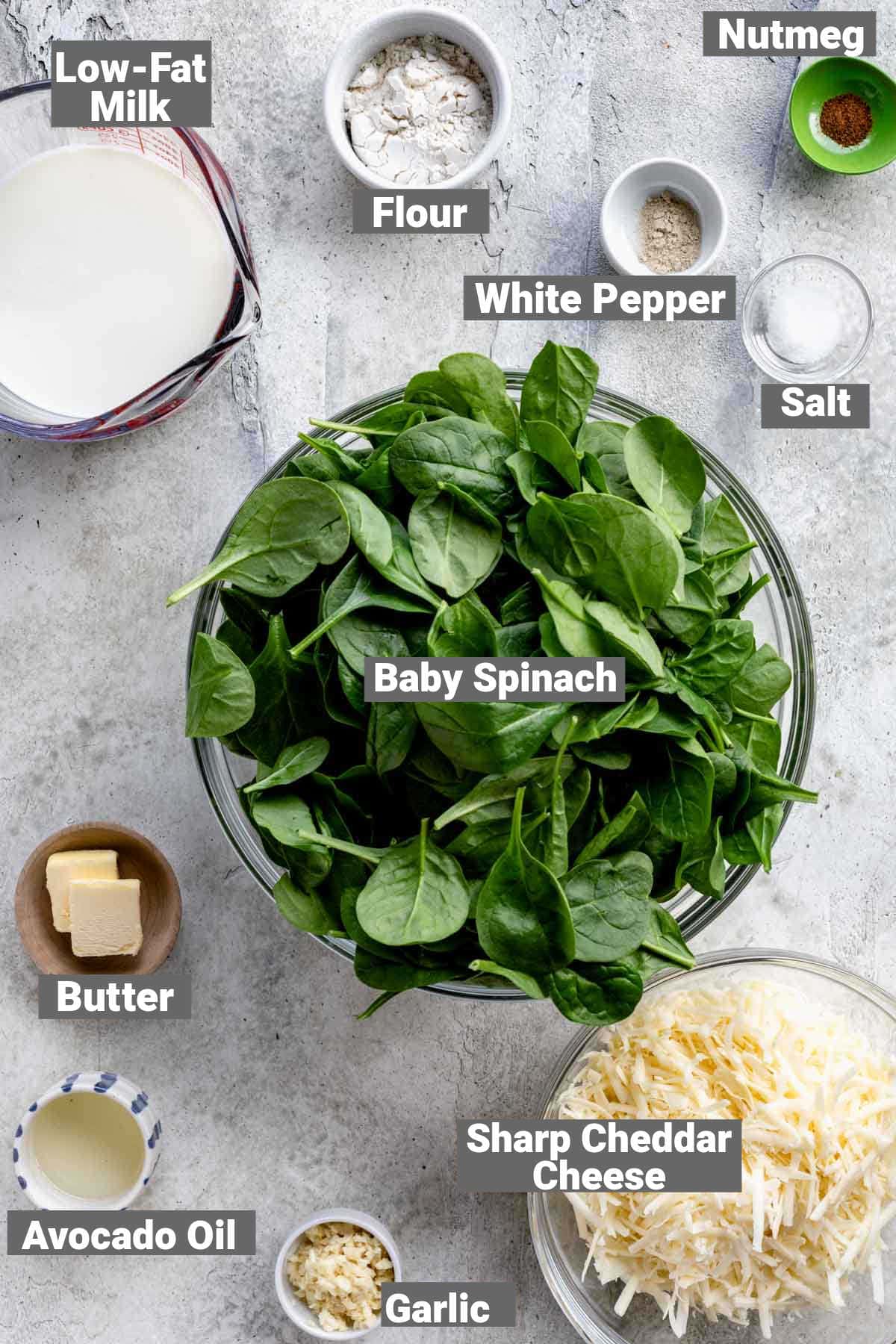 creamed spinach with cheese ingredients with text overlay