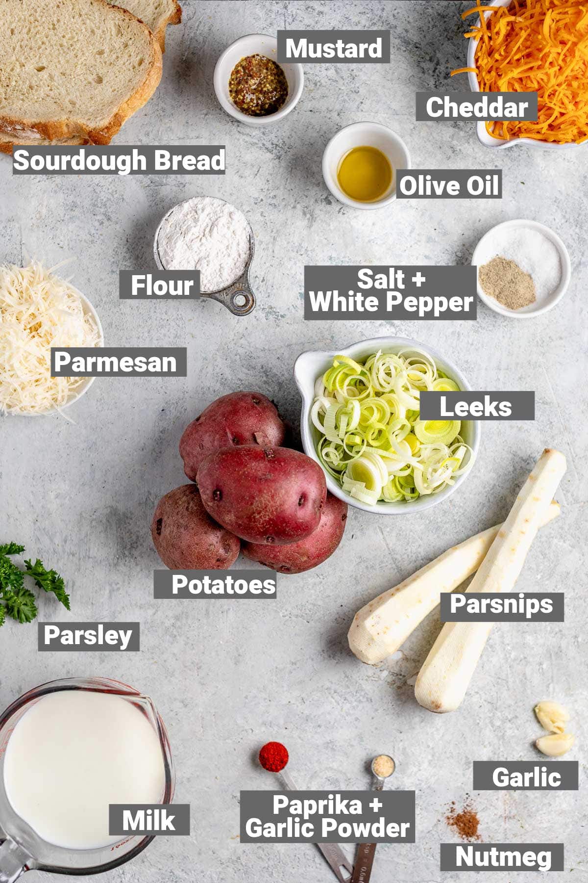 parsnip, potato, leek gratin ingredients with text overlay