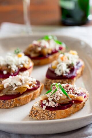 Beet and Caramelized Onion Bruschetta with Goat Cheese Crumbles