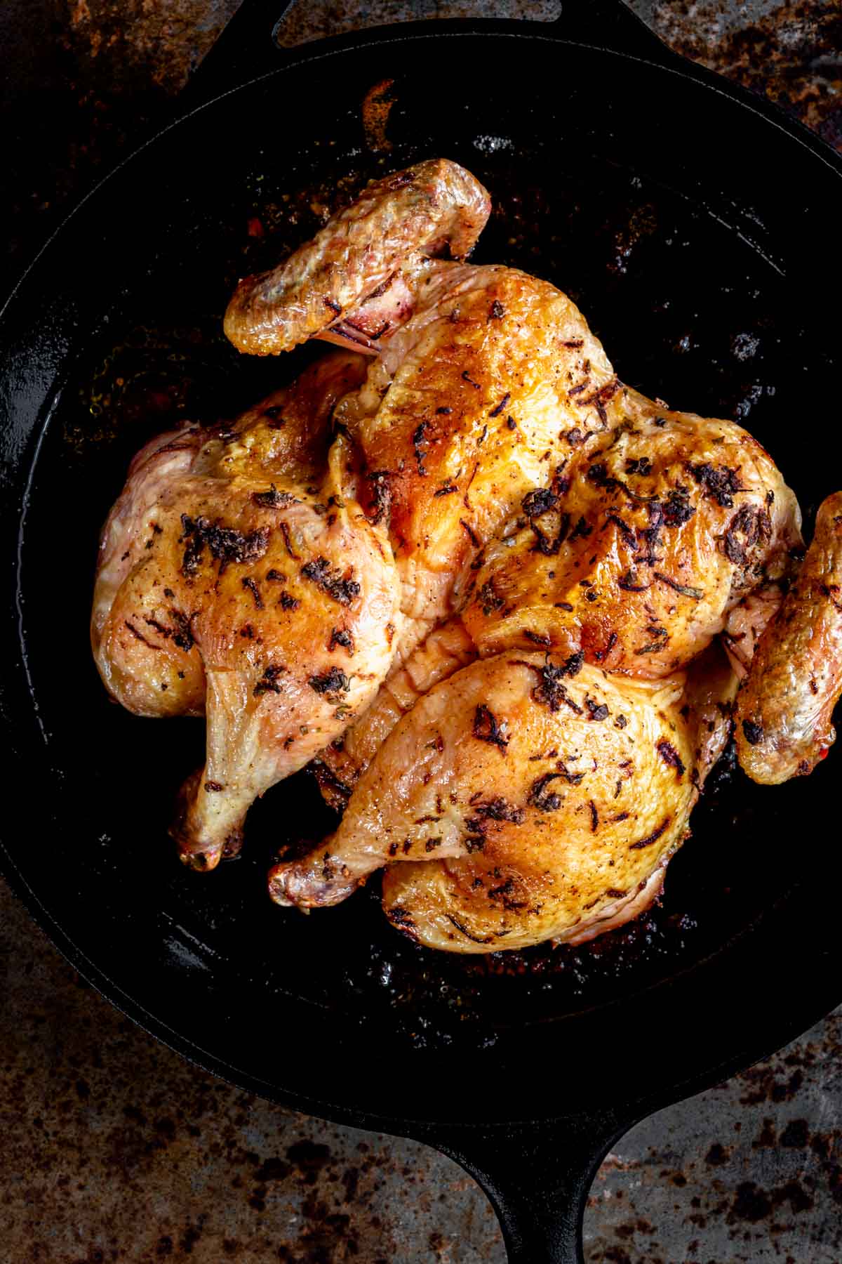 the spatchcock chicken in the cast iron skillet