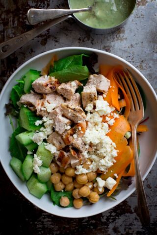 Chicken and Chickpea Power Salad with dressing on the side