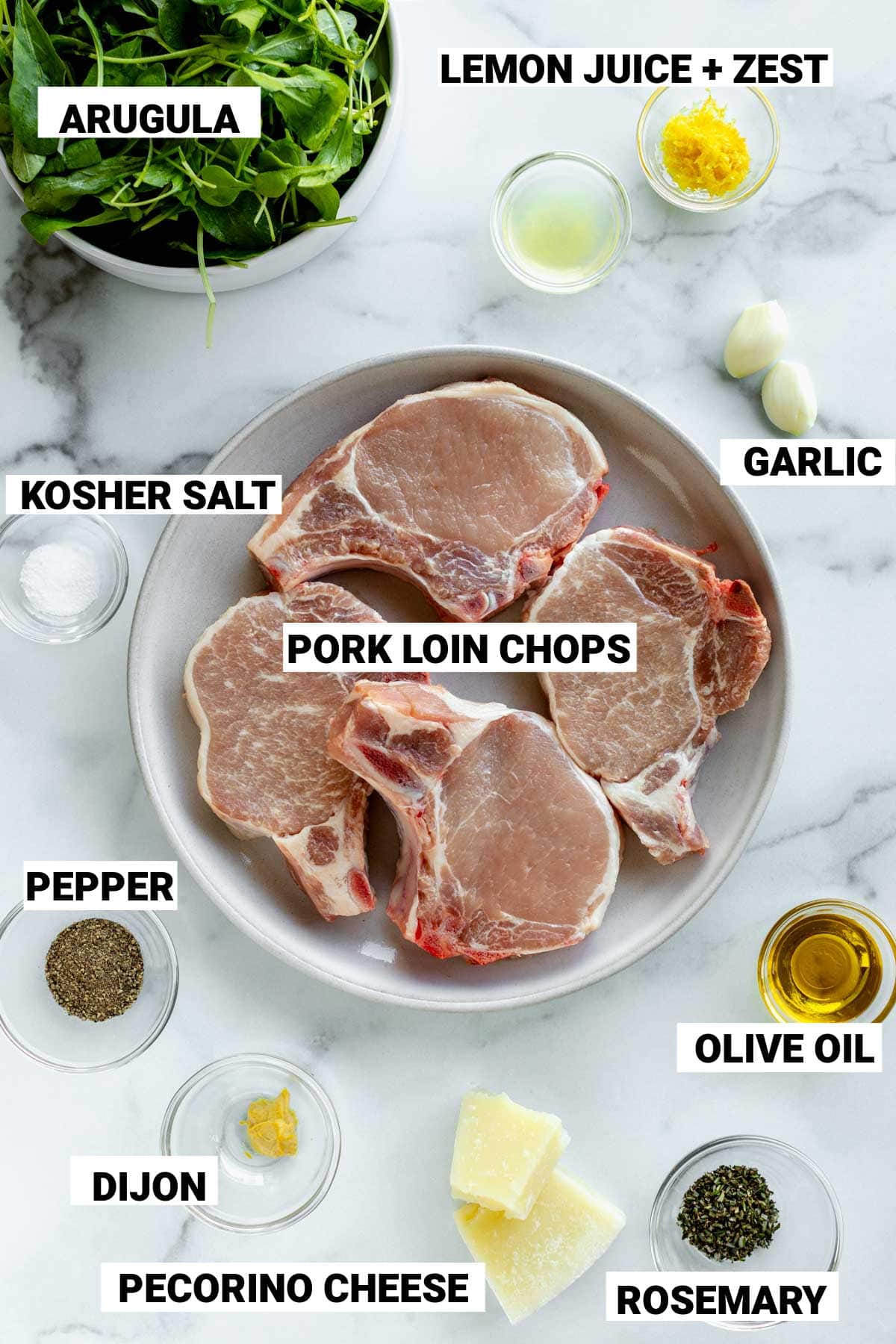 the ingredients for the pork chop recipe with text labels 