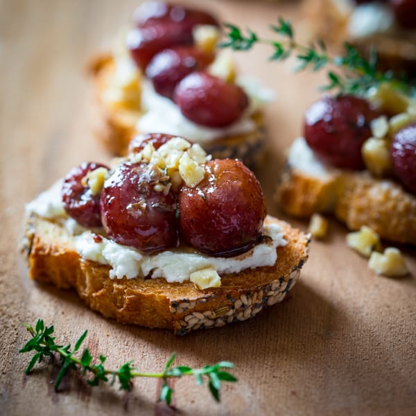 Roasted Grape Crostini with Goat Cheese and Walnuts