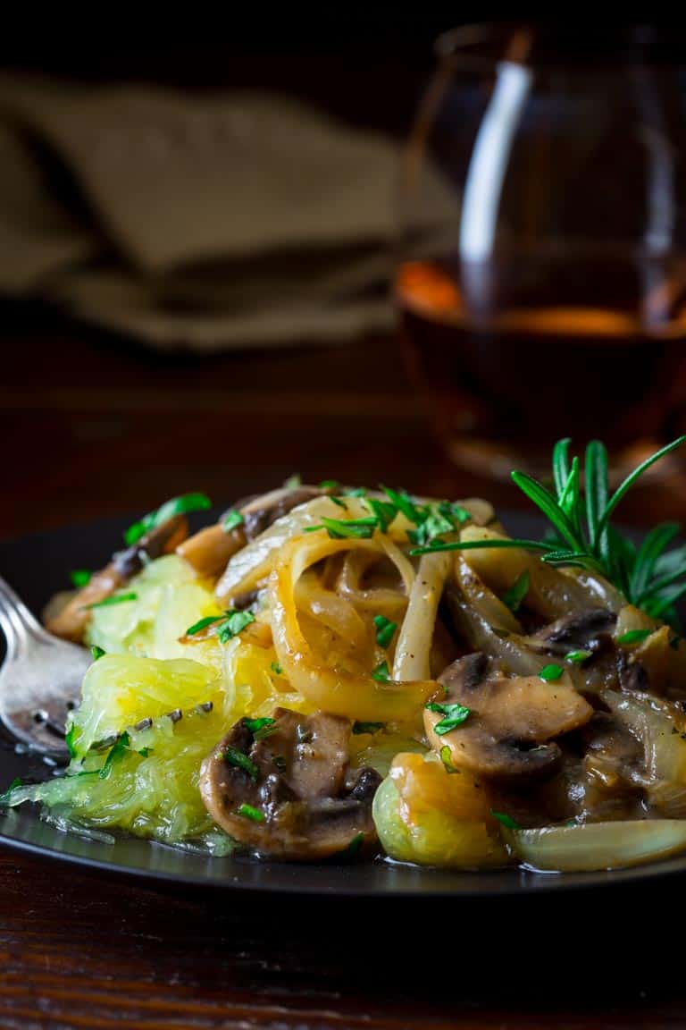 Spaghetti Squash with Roasted Garlic, Rosemary and Mushrooms on Healthy Seasonal Recipes by Katie Webster naturally paleo and vegan