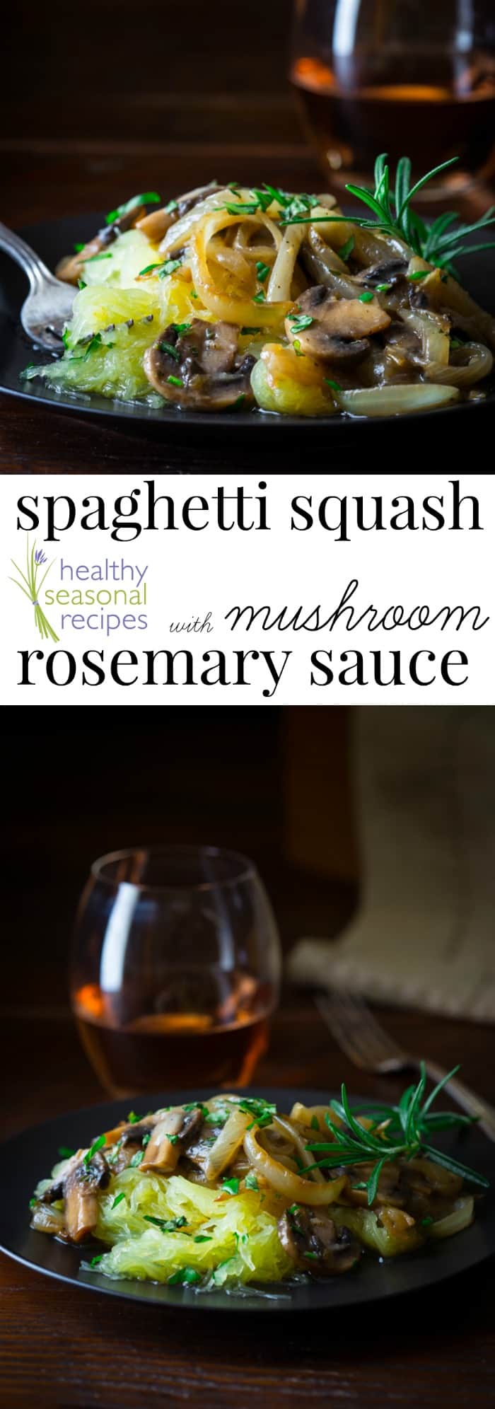 spaghetti squash with mushrooms collage with text overlay