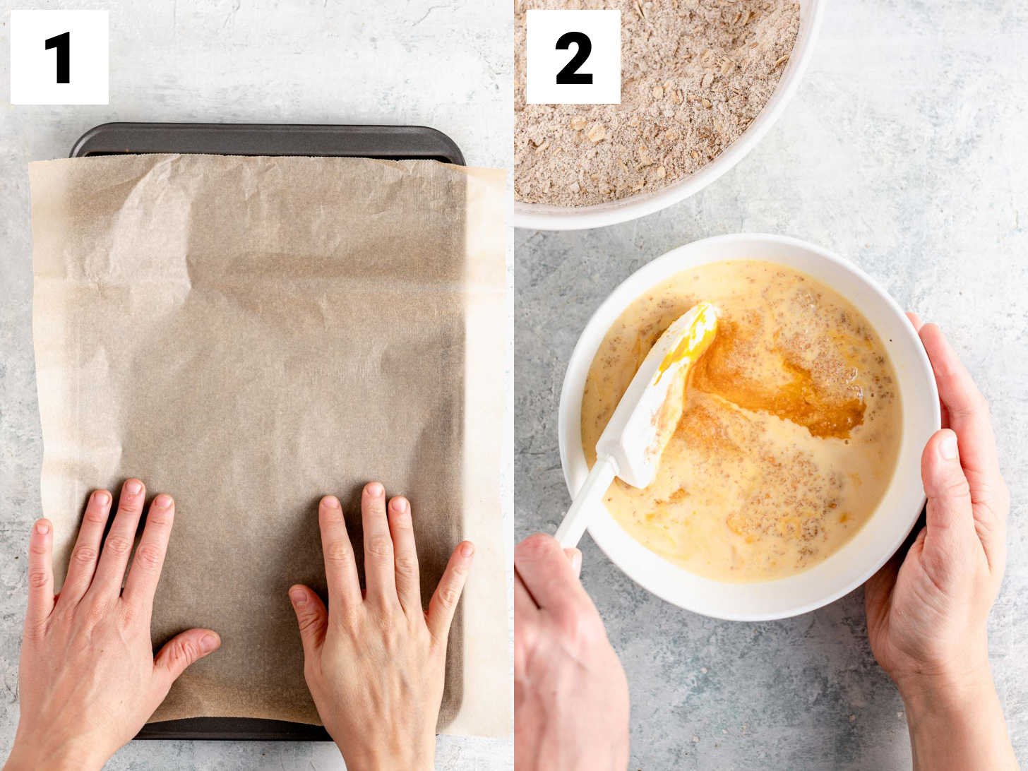line a baking sheet with parchment, mixing the wet and dry mixes