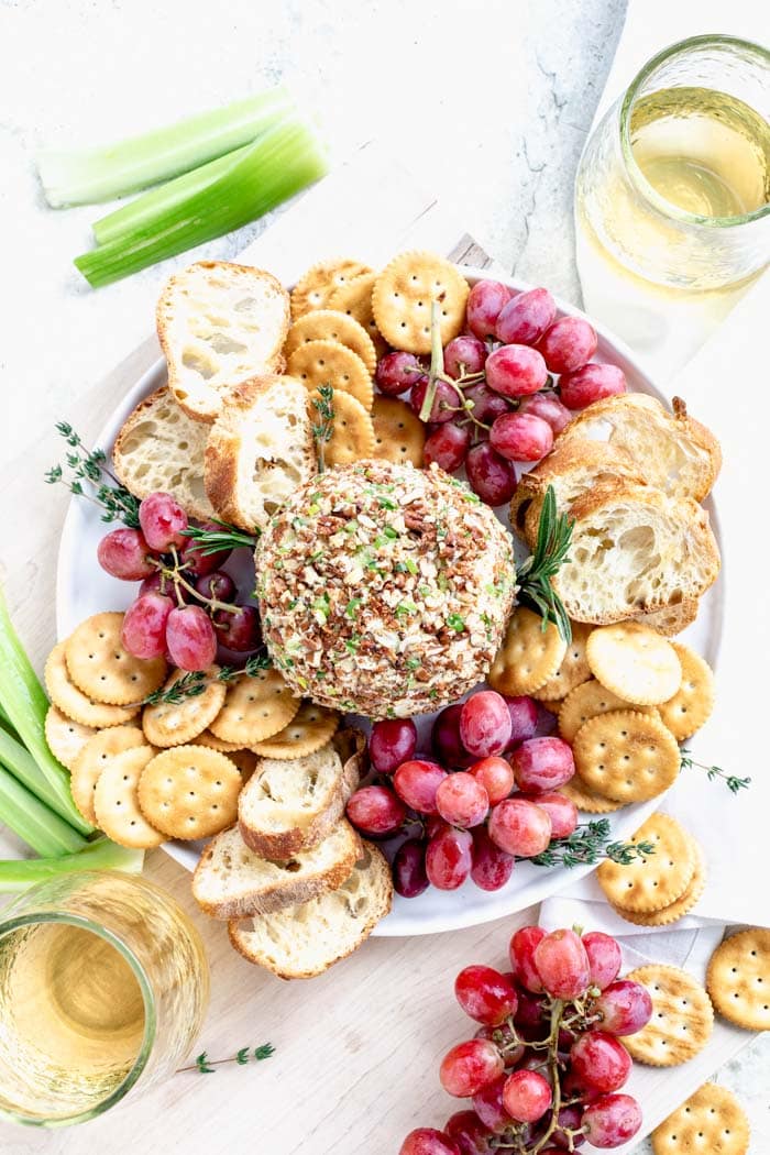overhead of platter with cheese ball in the center