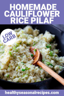 closeup of skillet with cauliflower rice with a wooden spoon with text overlay