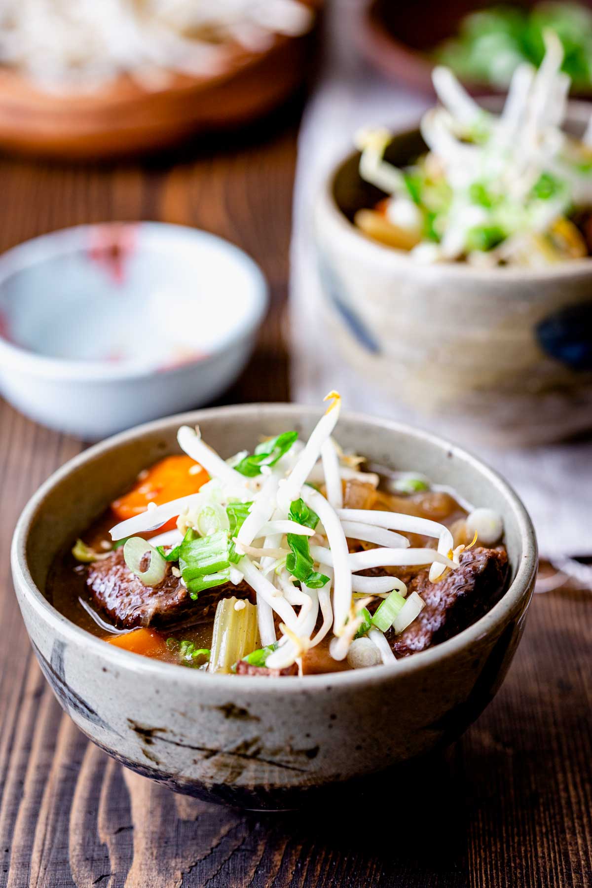 a dark wooden table with hand-thrown ceramic bowls with beef stew topped with mung bean sprouts
