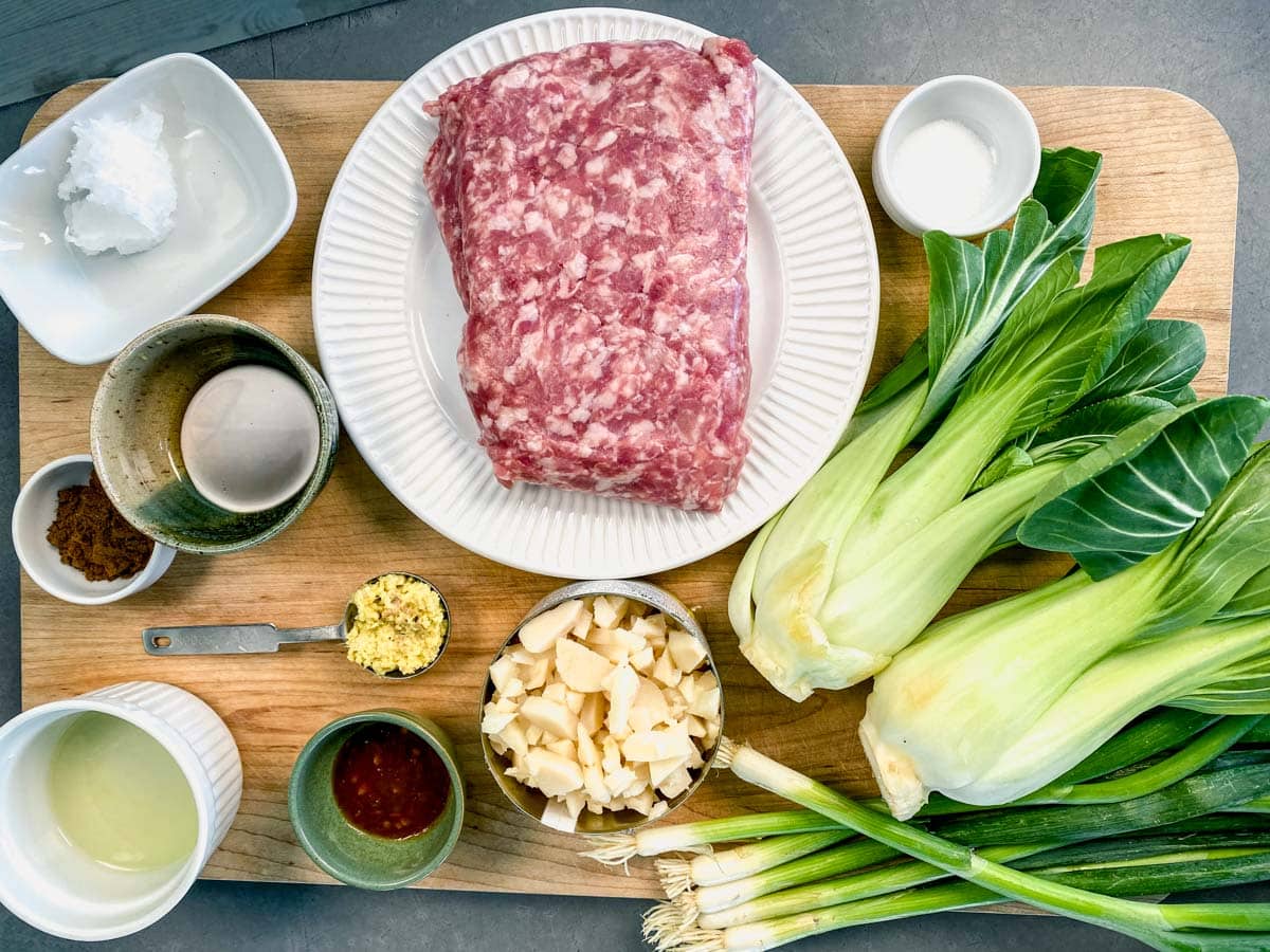 ingredients for ginger pork stir-fry with baby bok choy 