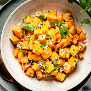 a close up of the Roasted sweet potatoes with citrus