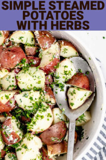 Steamed Potatoes with Butter and Herbs with text overlay.