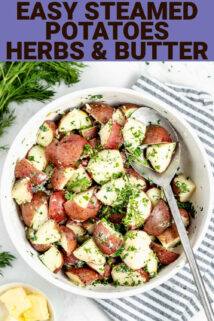 Simple steamed potatoes with herbs and text overlay