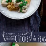 creamy chicken and peas over couscous in a white bowl photo collage with text
