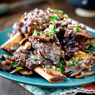 braised short ribs on a teal plate with scallions on top