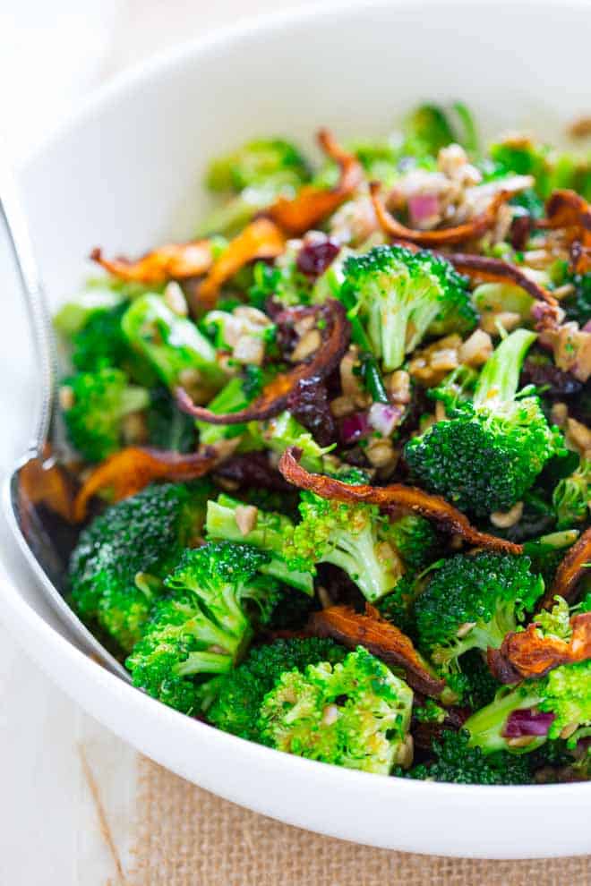 Vegan and Gluten-free Broccoli Salad with Sweet Miso Dressing on Healthy Seasonal Recipes with cranberries, sunflower seeds and roasted shiitakes
