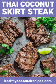 Skirt steak with cilantro and lime on a baking sheet