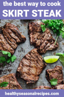 Skirt steak with cilantro and lime on a baking sheet