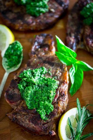 Garlic Rosemary Rib Eye Steaks with Kale Walnut Pesto | HealthySeasonalRecipes.com