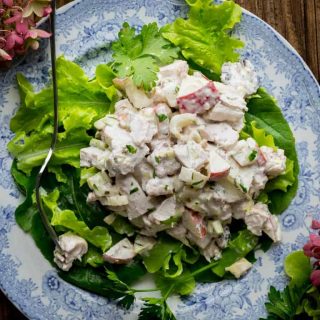 Healthy Waldorf Chicken Salad, an easy gluten-free lunch that is high in protein but under 300 calories! It has celery, apples, walnuts and poached chicken breast in a creamy Greek yogurt dressing. #healthy #glutenfree #lunch #highprotein #chicken #chickensalad #apples #celery #walnuts #cleaneating #GreekYogurt #healthyseasonal