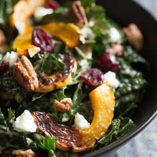 Lacinato Kale Salad with Roasted Delicata Squash, Chevre, Dried Cranberries and Sweet and Spicy Pecans