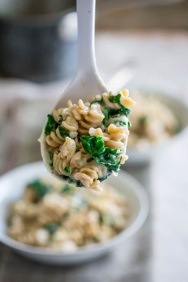 Mac and Cheese with Kale on a spoon
