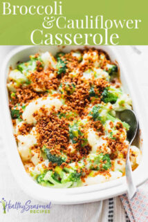 broccoli and cauliflower casserole in a white dish with text overlay