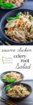 shredded chicken and celery root salad photo collage with text